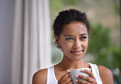 Buy stock photo Thinking, smile and woman with coffee on balcony with peace, reflection or calm morning. Face, remember and female person on a terrace with tea, idea or happy, memory or insight with view of nature