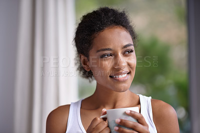 Buy stock photo Smile, thinking and woman with coffee on a balcony with peace, reflection or calm morning. Face, remember and female person on a terrace with tea, idea or happy, memory or insight with view of nature