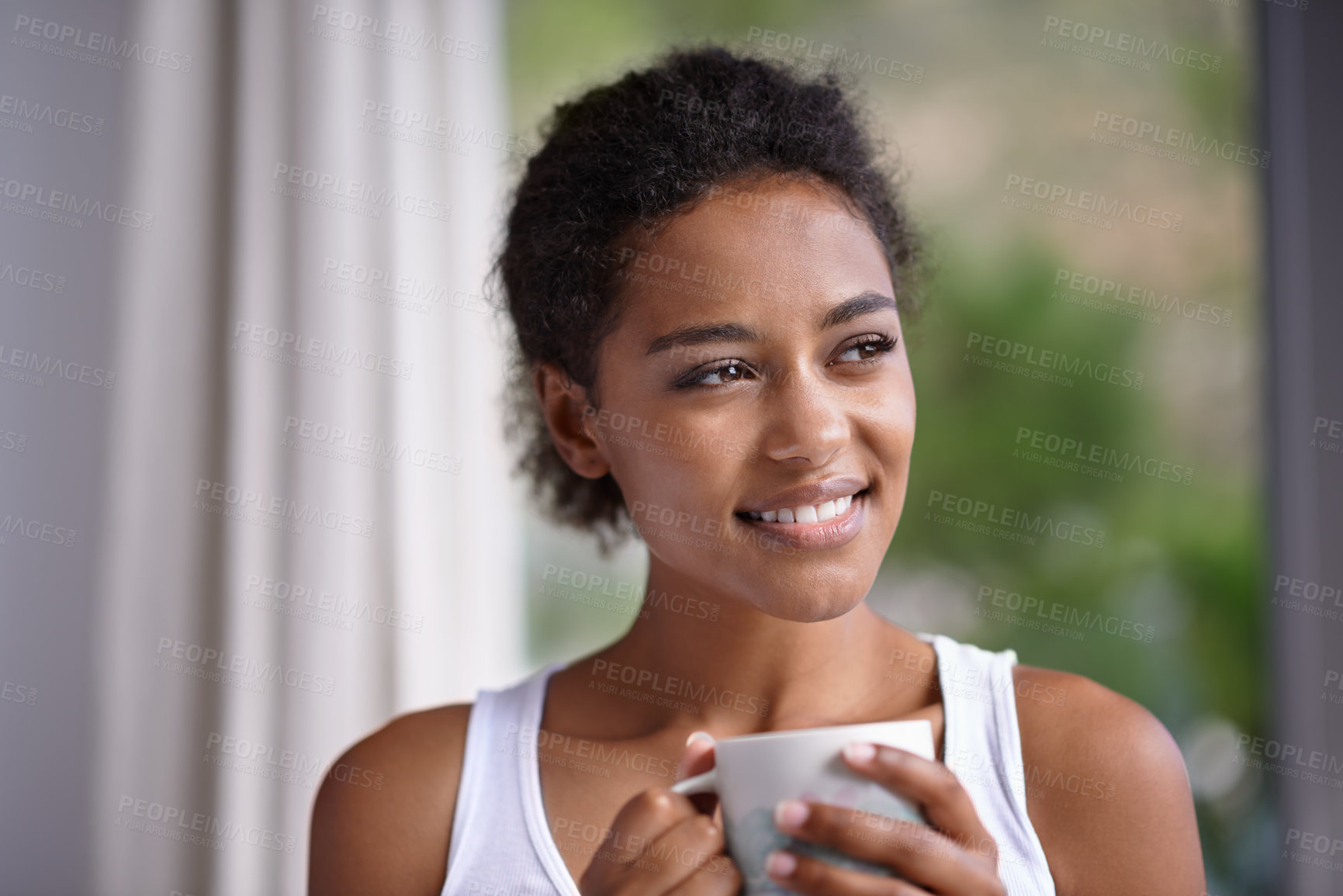 Buy stock photo Smile, thinking and woman with coffee on a balcony with peace, reflection or calm morning. Face, remember and female person on a terrace with tea, idea or happy, memory or insight with view of nature