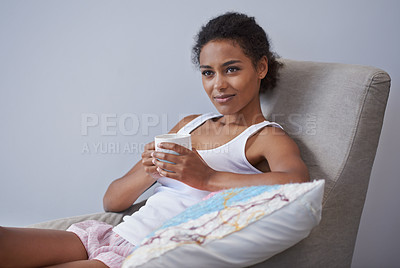 Buy stock photo Relax, thinking and woman with coffee on a chair for morning reflection, peace or insight in her home. Remember, face and female person with tea cup in a living room with memory, daydream or idea