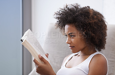 Buy stock photo Woman, bed and reading book relax in home for holiday activity or relaxing vacation in morning, day off or weekend. Female person, bedding and Sunday resting in apartment for hobby, calm or peace
