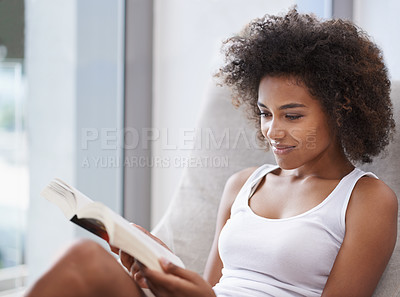 Buy stock photo Woman, rest and reading a book in bedroom, calm and adventure in action novel on break in morning. Lady, learning and inspiration in self help manual, creativity and relax in soft cushion on vacation
