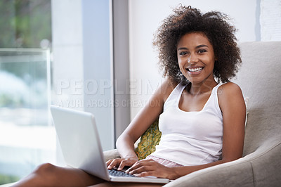 Buy stock photo Portrait, black woman or laptop as writing, blog or article to search, social media or internet. Happy, female writer or blogger on computer as typing, browsing or viral meme for online communication