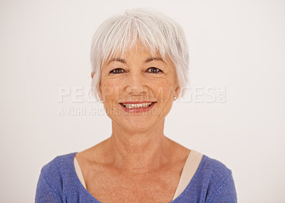 Buy stock photo Happy, smile and portrait of elderly woman with closeup, confidence and natural for fashion isolated on white background. Mature lady, female person and face for casual, apparel and trendy in studio