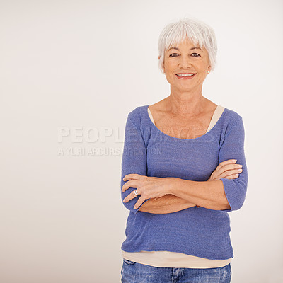 Buy stock photo Mockup, smile and portrait of elderly woman with outfit, confidence and natural for fashion isolated on white background. Senior lady, female person and face for casual, apparel and trendy in studio