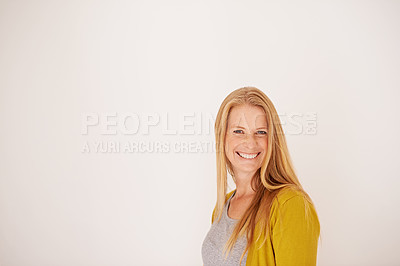 Buy stock photo Woman, portrait and confident in studio, smile and small business owner or entrepreneur on white background. Happy female person, casual and cool clothes or style, proud and satisfaction for fashion