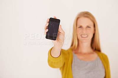 Buy stock photo Woman, hand and blank phone screen in studio portrait with smile for mock up space by white background. Person, smartphone and happy for ux, mobile application and show for communication on network