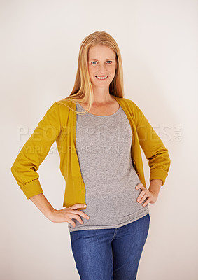 Buy stock photo Woman, portrait and confident in studio, entrepreneur and small business owner or mockup on white background. Happy female person, casual and cool clothes or style, proud and satisfaction for fashion