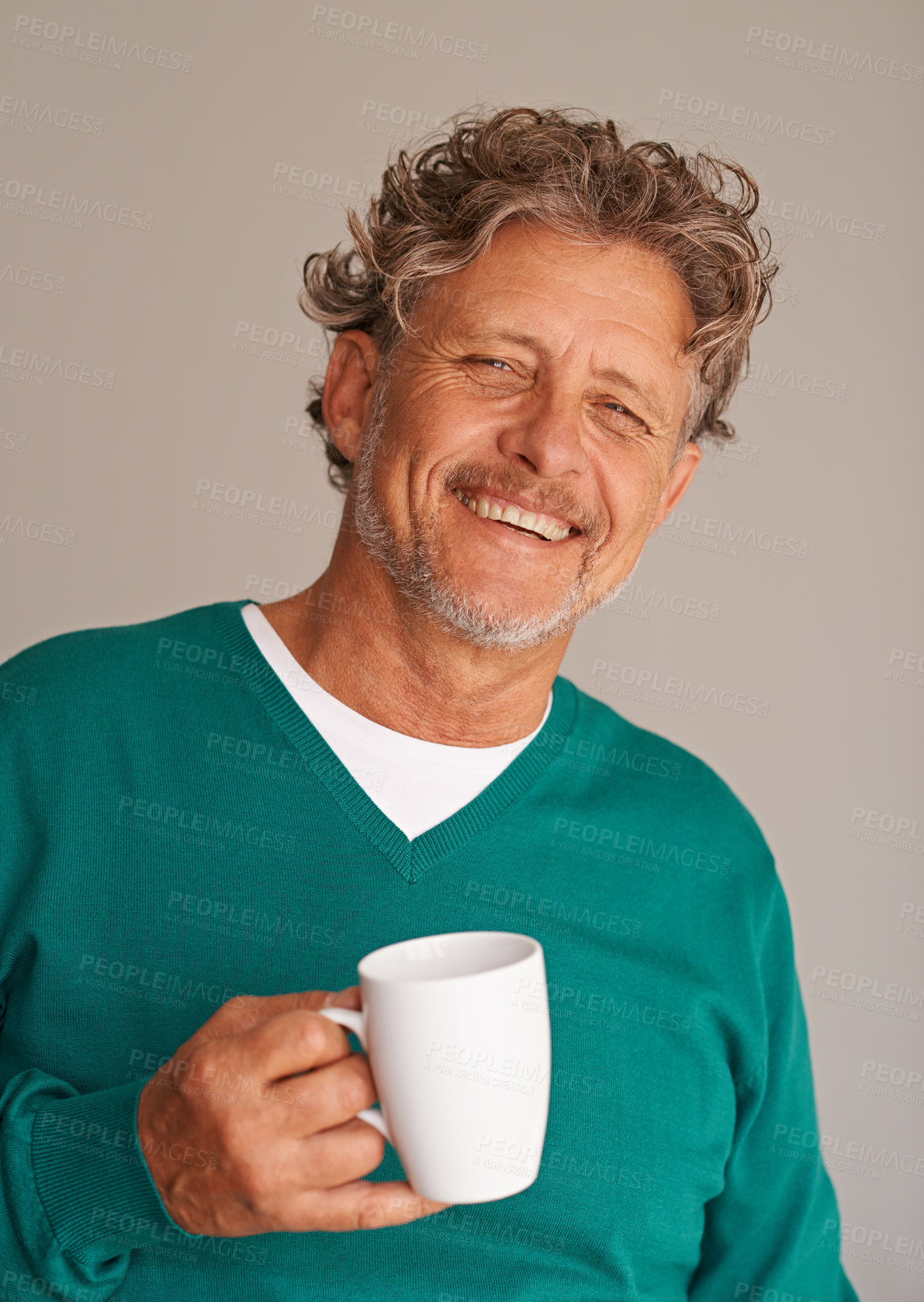Buy stock photo Mature man, coffee and portrait in studio with smile, confidence and excited for beverage by background. Person, senior model and happy with cappuccino, coco or latte with drink, fashion or tea cup