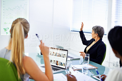 Buy stock photo Women, meeting and boardroom with laptop for  presentation with graph, statistics and feedback on company growth. Office, female person and back view of client with paperwork, question and briefing. 