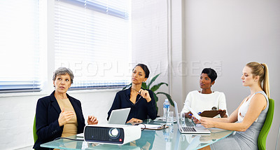 Buy stock photo Teamwork, meeting and business women on laptop for presentation, website and online project. Company startup, corporate and people with projector for planning, discussion and collaboration in office