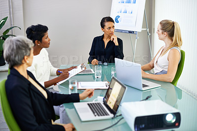 Buy stock photo Meeting, laptop and business people with statistics in discussion, talking and collaboration. Office, corporate and women with chart, graph and research presentation for planning, review and teamwork