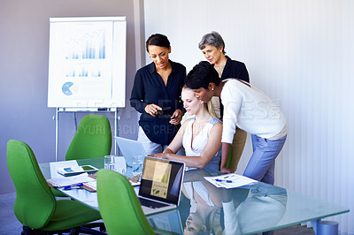 Buy stock photo Meeting, teamwork and business people with laptop for presentation, discussion and collaboration. Office, corporate and women with chart, graph and research for planning, review and company growth