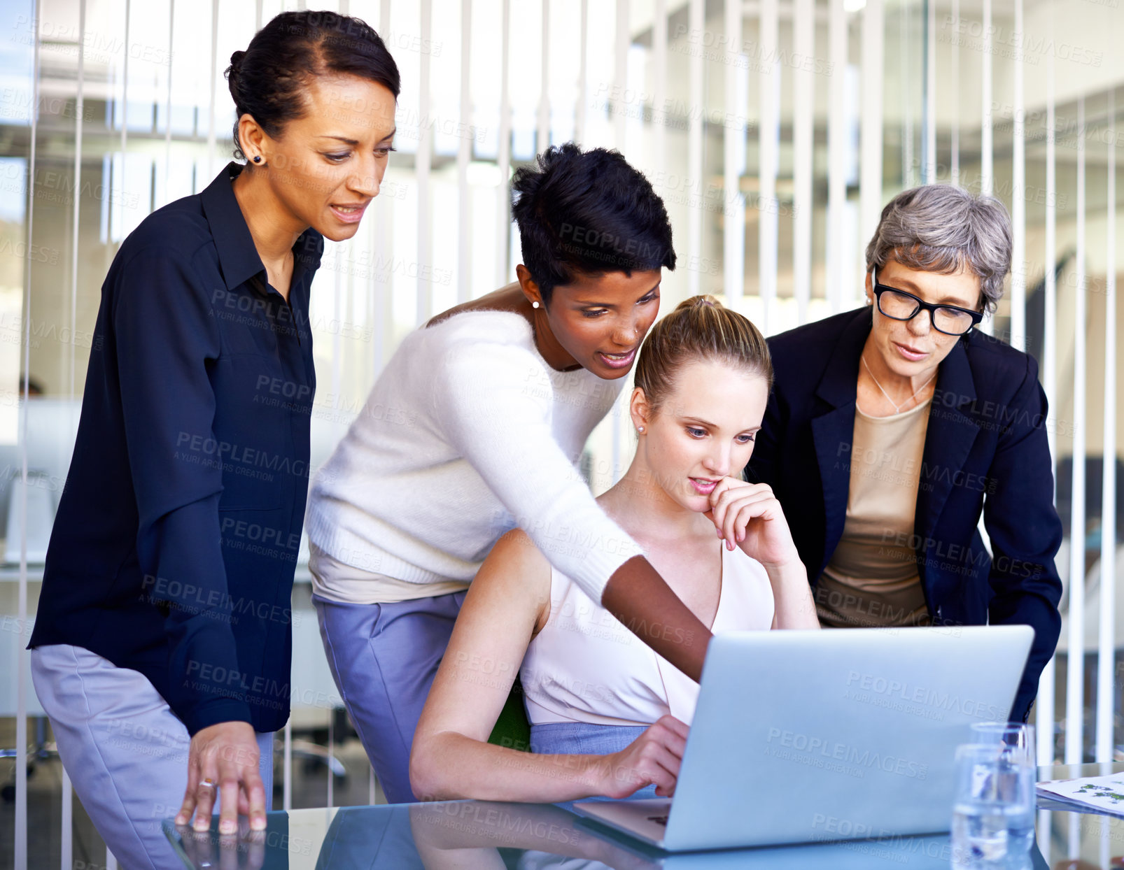 Buy stock photo Business, employees and women with a laptop, brainstorming and teamwork at the workplace. Female consultants, agents and workers share ideas, technology and startup with collaboration and innovation 