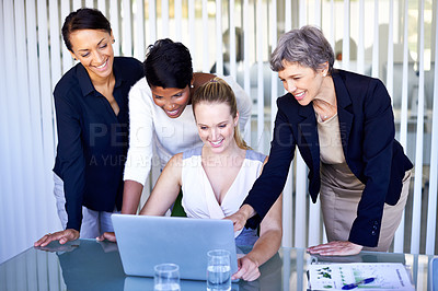 Buy stock photo Corporate, collaboration and women with a laptop, teamwork and share ideas at the workplace. Female professionals, employees and workers with happiness, staff and technology for startup development