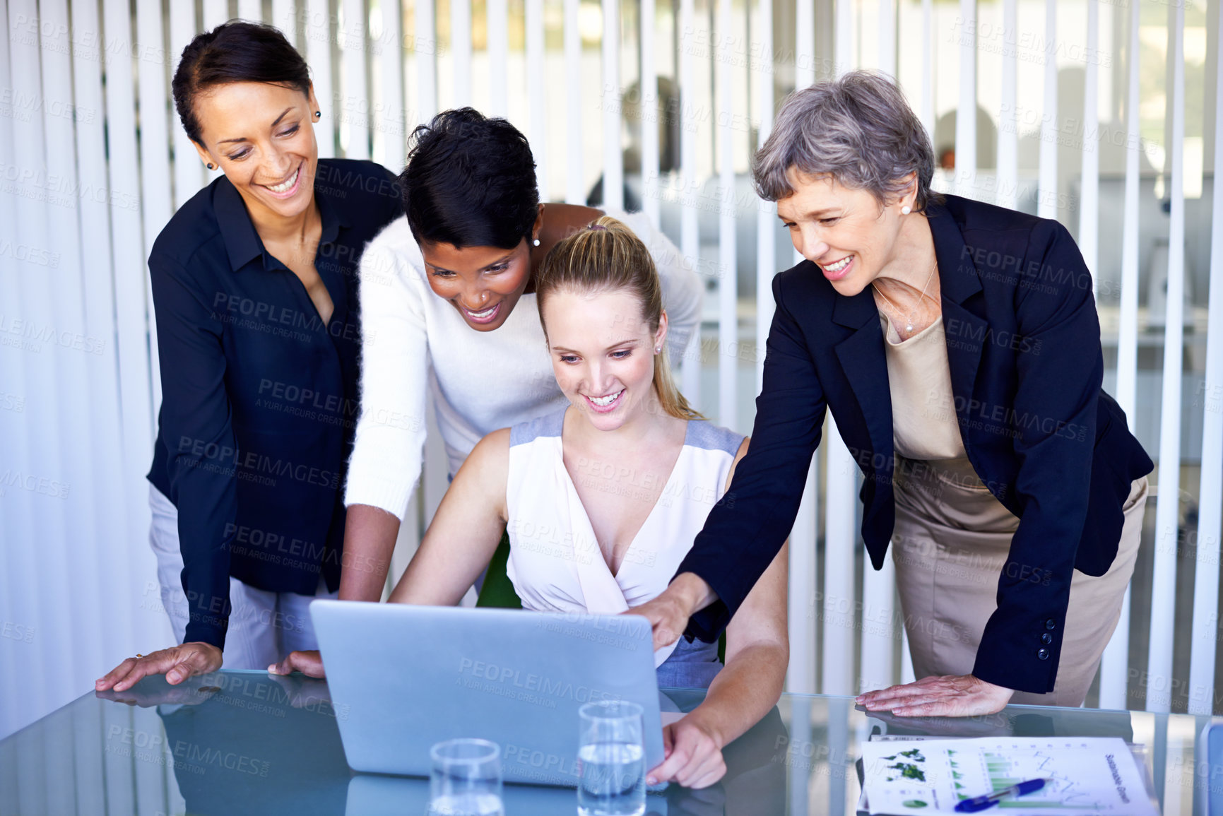 Buy stock photo Corporate, collaboration and women with a laptop, teamwork and share ideas at the workplace. Female professionals, employees and workers with happiness, staff and technology for startup development