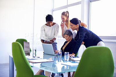 Buy stock photo Teamwork, thinking and business women on laptop for meeting, website review and online project. Company startup, corporate and people on computer for planning, discussion and collaboration in office
