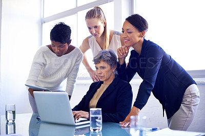 Buy stock photo Business people, laptop and meeting for web design, team in boardroom for creative project and software. Collaboration, technology and group review work at digital agency for website development