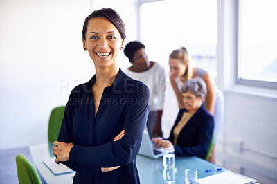 Buy stock photo Portrait, corporate and woman with arms crossed, happy and startup with management, teamwork or profit growth. Face, female leader or employee with staff, group or planning in the office and workshop