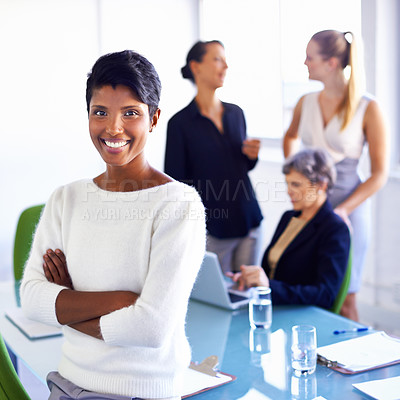 Buy stock photo Portrait, business and Indian woman with arms crossed, smile and meeting with startup. Face, female person and happy employee with leadership skills, planning and manager with confidence and teamwork