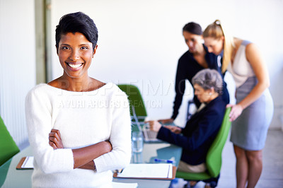 Buy stock photo Happy, confidence and portrait of a businesswoman in a meeting in a modern corporate office. Happiness, success and professional female manager standing with crossed arms in the workplace boardroom.