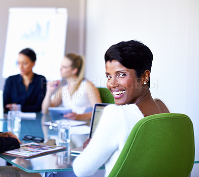 Buy stock photo Black woman, meeting and happy at office to brainstorm for feedback and  company growth. Entrepreneur, portrait and  female person with people at work in boardroom for paperwork, update and smile