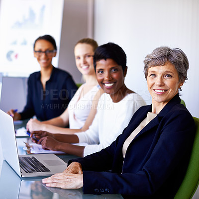 Buy stock photo Portrait, corporate team and women in a meeting at office with a laptop for workshop or planning. Face of senior woman or leader happy about teamwork, group diversity and collaboration at table