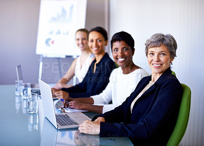 Buy stock photo Diversity in team, women empowerment portrait of business people happy and in office at building. Collaboration or teamwork, in workshop and coworkers in corporate with in modern conference room.