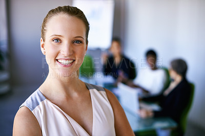 Buy stock photo Business, woman and work with smile in meeting on confidence for startup, company and job. Female person, office and happy or satisfied as entrepreneur with joy, enjoy and investment with colleagues 