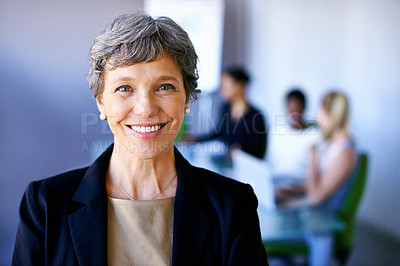 Buy stock photo Portrait, business and woman with a smile, leadership and confident at the office, meeting and professional. Face, female leader and employee with happiness, mentor and startup with management skills