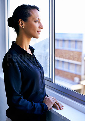 Buy stock photo Reflection, thinking and woman at window in office with business idea, opportunity and career. Vision, memory and businesswoman planning future growth, ambition and inspiration for job development.
