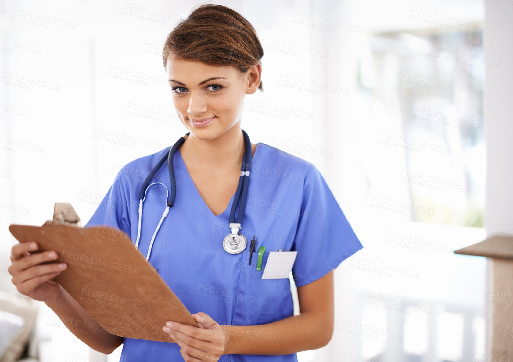 Buy stock photo Happy woman, portrait and nurse with clipboard for prescription or medical checklist at hospital. Female person, practitioner or scrub with smile, documents or paperwork for life insurance at clinic