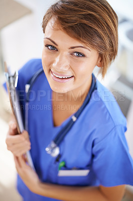 Buy stock photo Woman, nurse and smile portrait with clipboard in medical office, nutritionist and stethoscope, professional nursing career. Results, healthcare and medic for wellness in uniform  for surgery 
