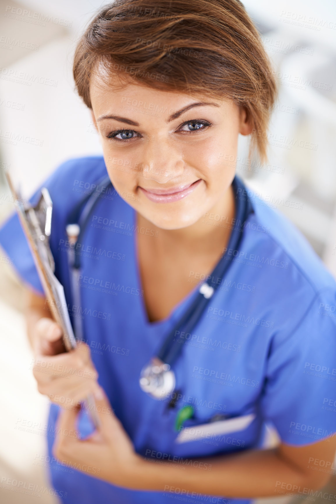 Buy stock photo Woman, nurse and happy portrait with clipboard in medical office, nutritionist and stethoscope, professional nursing career. Results, healthcare and medic for wellness in uniform  for surgery