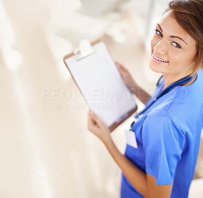 Buy stock photo Happy woman, portrait and nurse with clipboard above for life insurance, policy or medical prescription at hospital. Top view of female person or scrub with smile, document or paperwork for checklist