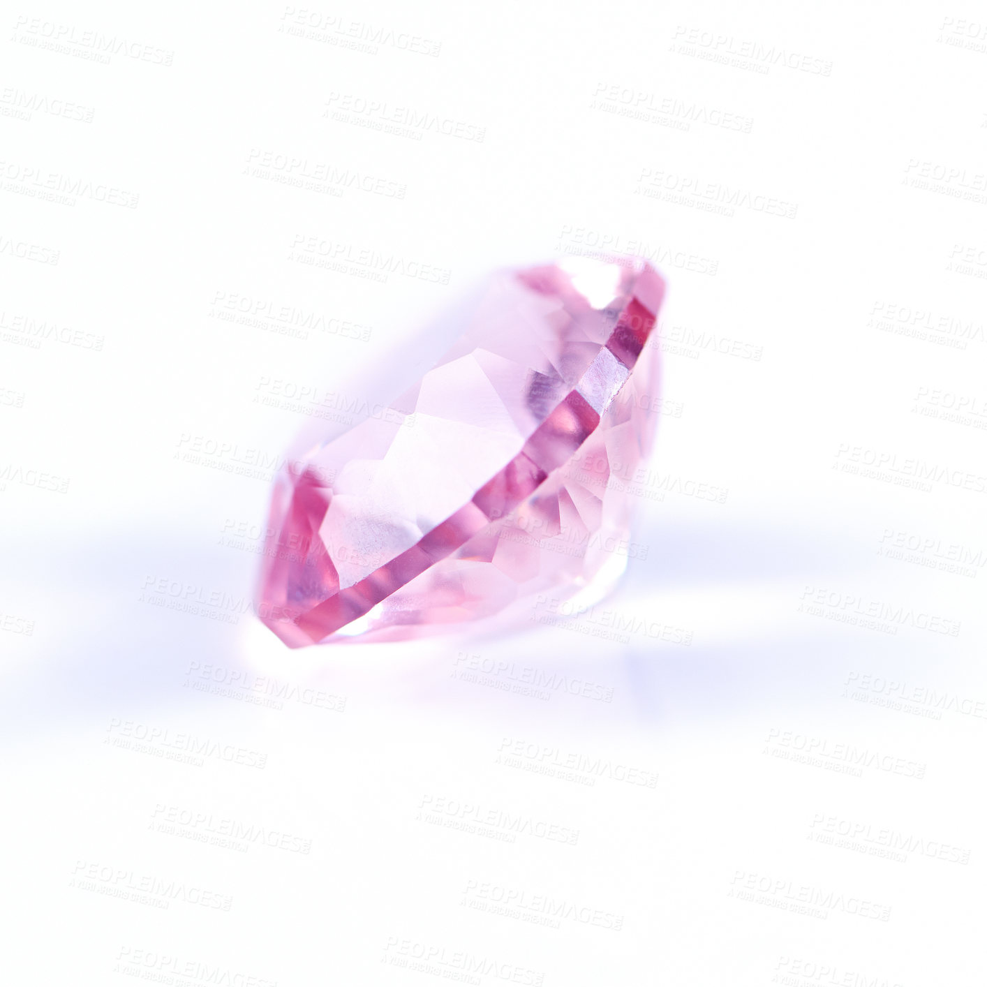 Buy stock photo Pink diamond, jewel and stone by white background for natural resource, sparkle and luxury. Rocks, mineral and crystal in closeup for gem with shine, glow and brilliant cut with reflection in studio