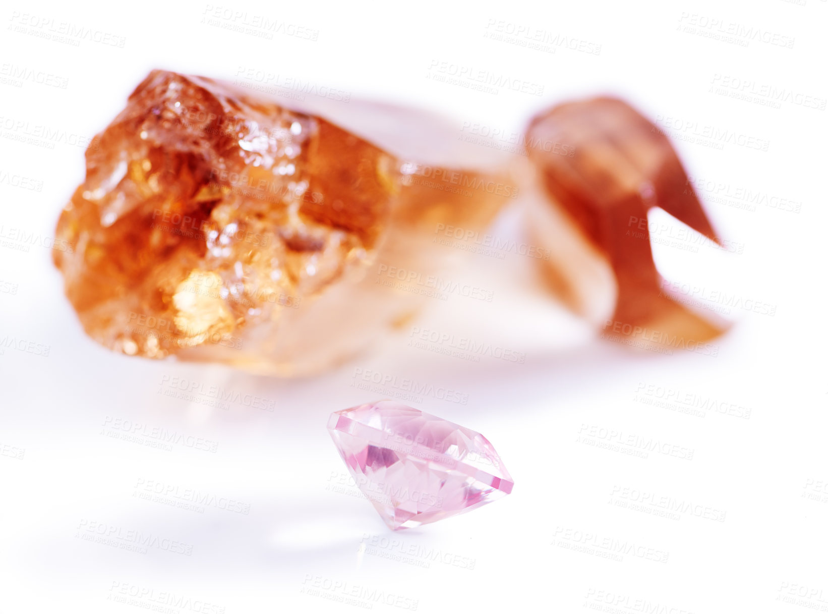 Buy stock photo Gemstone, citrine and pink diamond in studio with isolated white background for natural resource, jewel and sparkle for luxury. Rock, crystal and reflection in closeup for shine, glow and mineral