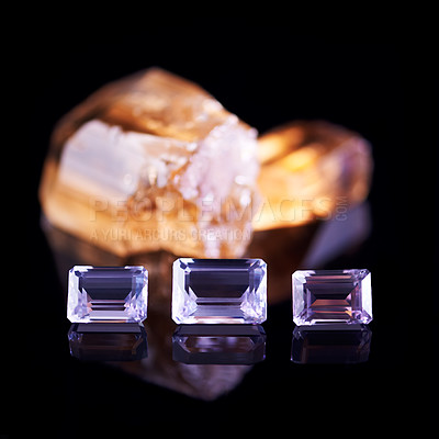 Buy stock photo Gemstone, citrine and amethyst in studio with isolated black background for natural resource, jewel and sparkle for luxury. Rock, crystal and reflection in closeup for shine, glow and mineral