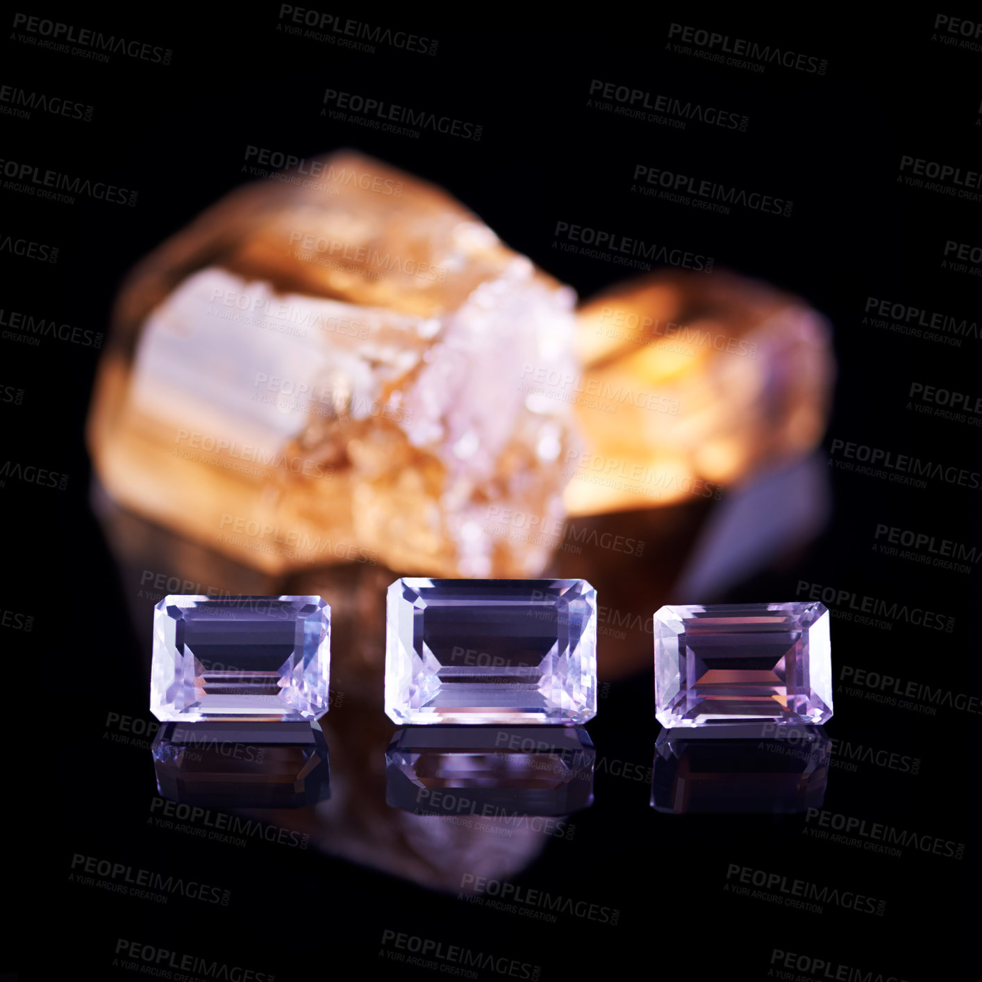 Buy stock photo Gemstone, citrine and amethyst in studio with isolated black background for natural resource, jewel and sparkle for luxury. Rock, crystal and reflection in closeup for shine, glow and mineral