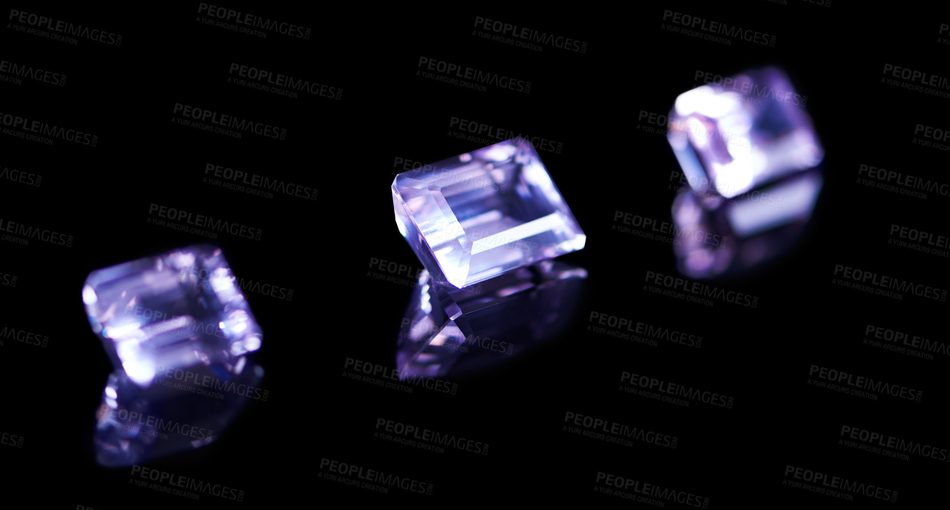 Buy stock photo Rock, jewel and amethyst in studio with black background for natural resource, baguette and sparkle for luxury. Gemstone, purple crystal and reflection in closeup for shine, glow and mineral
