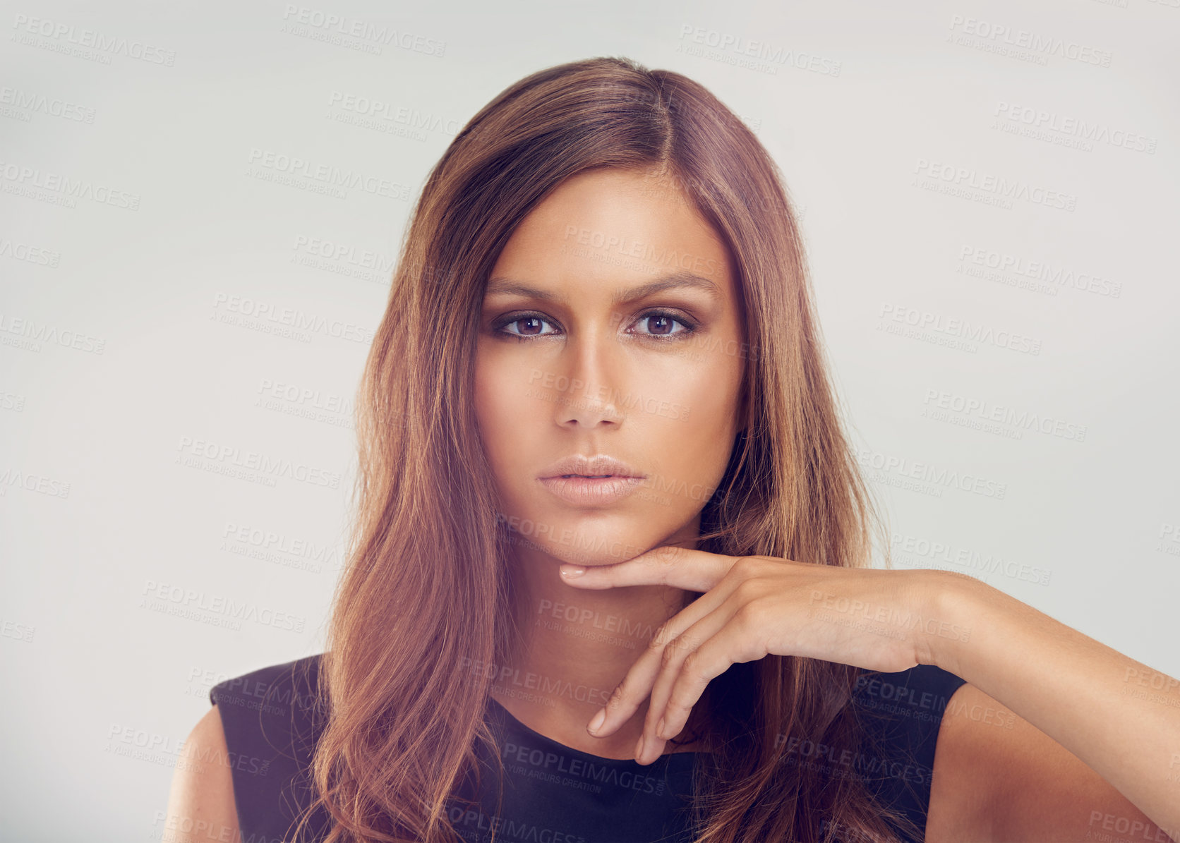 Buy stock photo Fashion, cosmetics and portrait of serious woman, glow and shine with makeup on face for beauty. Elegant, female person and girl with clothes for luxury or aesthetic, glamour and studio background