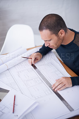 Buy stock photo Man, architect and floor plan or building draft as blueprint design with ruler for property sketch, drawing or engineering. Male person, pencil and project or renovation paper, illustration or scale