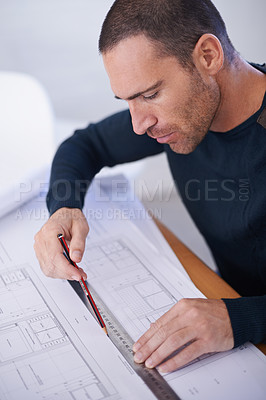Buy stock photo Man, architect and floor plan or drawing building as blueprint design with ruler for planning, drafting or engineering. Male person, pencil and  project with renovation paper, illustration or scale