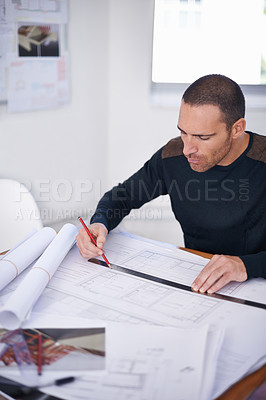 Buy stock photo Man, architect and floor plan or drawing design as property blueprint with ruler for planning, drafting or engineering. Male person, pencil and  project with renovation paper, illustration or scale