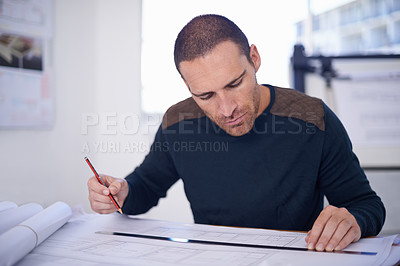 Buy stock photo Man, architect and floor plan or drawing contractor as blueprint design with ruler for planning, drafting or engineering. Male person, pencil and  project with renovation paper, illustration or scale