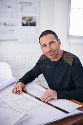 Buy stock photo Man, portrait and architecture floor plan or engineering design with blueprint sketch, building or project planning. Male person, face and ruler with paperwork drawing for renovation, property or job