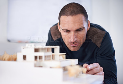 Buy stock photo Man, architecture and model building or planning house renovation or 3d designer, floor plan or civil engineering. Male person, home and construction contractor or project, development or property