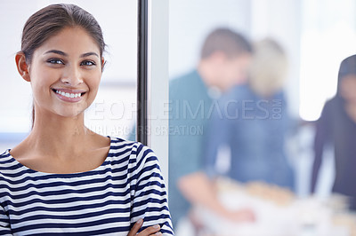 Buy stock photo Portrait, smile and young woman architect in glass office with team for collaboration, meeting or planning. Architecture, creative and design with face of young employee in workplace for construction