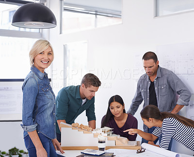 Buy stock photo Portrait, design and management with architect team in office for collaboration, construction or planning. Civil engineering, leadership and model with designer group in workplace for architecture