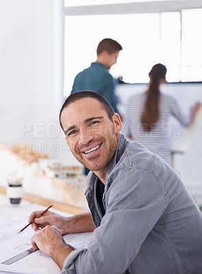 Buy stock photo Portrait, smile and blueprint with architect man in office for construction, planning or project management. Architecture, building design and floor plan documents with mature developer in workplace